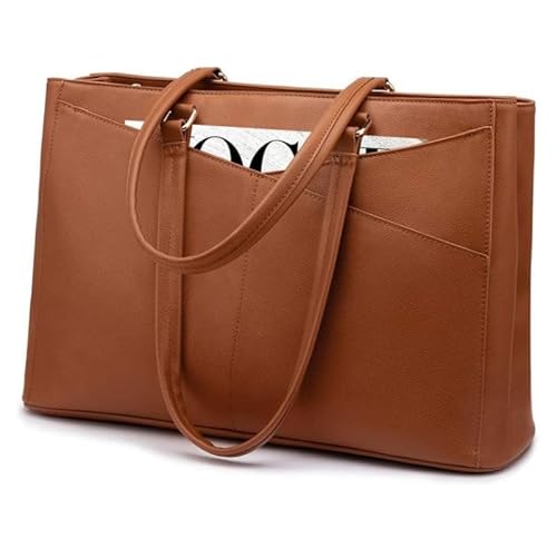 QIXUJAK Handtaschen Damen Große Einkaufstasche 14 Zoll PU-Leder Tragetasche mit Innentasche mit Reißverschluss Arbeitstasche Umhängetasche Handtasche (Braun) von QIXUJAK
