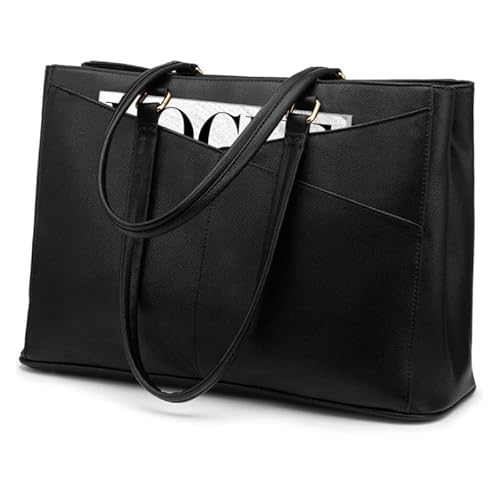QIXUJAK Handtaschen Damen Große Einkaufstasche 14 Zoll PU-Leder Tragetasche mit Innentasche mit Reißverschluss Arbeitstasche Umhängetasche Handtasche (Schwarz) von QIXUJAK