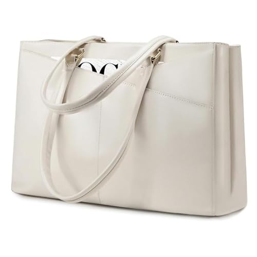 QIXUJAK Handtaschen Damen Große Einkaufstasche 14 Zoll PU-Leder Tragetasche mit Innentasche mit Reißverschluss Arbeitstasche Umhängetasche Handtasche (Weiß) von QIXUJAK