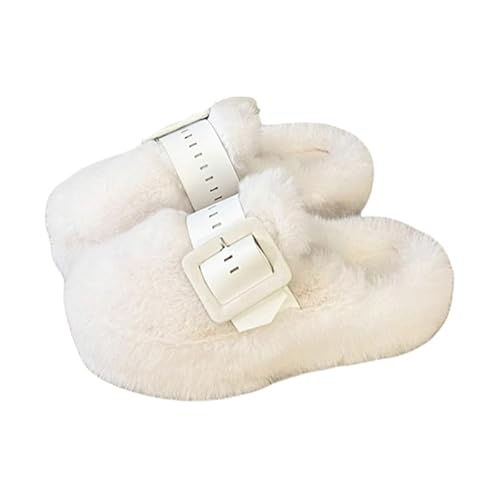 QIXUJAK Hausschuhe Damen Plüsch Warme, Winter Rutschfeste Bequeme Big Buckle Memory-Foam Pantoletten, Flauschige Slippers Weiche Pantoffeln Winterschuhe Schlappen Damen (Beige,38) von QIXUJAK