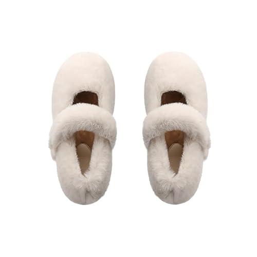 QIXUJAK Hausschuhe Damen Plüsch Warme, Winter Rutschfeste Bequeme Big Buckle Memory-Foam Pantoletten, Flauschige Slippers Weiche Pantoffeln Winterschuhe Schlappen Damen (Beige,41) von QIXUJAK