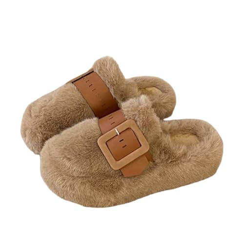 QIXUJAK Hausschuhe Damen Plüsch Warme, Winter Rutschfeste Bequeme Big Buckle Memory-Foam Pantoletten, Flauschige Slippers Weiche Pantoffeln Winterschuhe Schlappen Damen (Khaki,36) von QIXUJAK