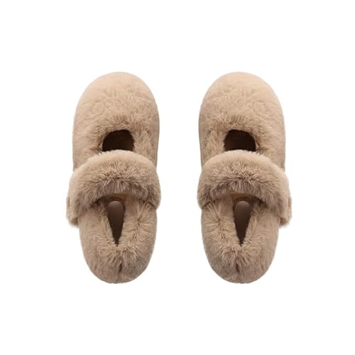 QIXUJAK Hausschuhe Damen Plüsch Warme, Winter Rutschfeste Bequeme Big Buckle Memory-Foam Pantoletten, Flauschige Slippers Weiche Pantoffeln Winterschuhe Schlappen Damen (Khaki,42) von QIXUJAK