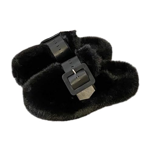QIXUJAK Hausschuhe Damen Plüsch Warme, Winter Rutschfeste Bequeme Big Buckle Memory-Foam Pantoletten, Flauschige Slippers Weiche Pantoffeln Winterschuhe Schlappen Damen (Schwarz,39) von QIXUJAK