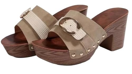 QIXUJAK Hausschuhe mit Blockabsatz Damen Sommer bequeme Plateausohlen Mode Nieten (40,beige) von QIXUJAK
