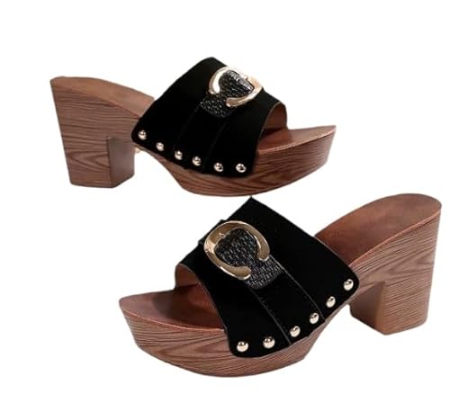 QIXUJAK Hausschuhe mit Blockabsatz Damen Sommer bequeme Plateausohlen Mode Nieten (40,black) von QIXUJAK