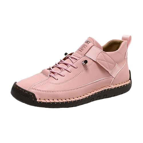 QIXUJAK Herren Damen Freizeitschuhe Loafer Leder Slip-On Schuhe Stiefeletten Handnaht Schnürung Fahren Wandern Wanderschuhe (Rosa,41) von QIXUJAK