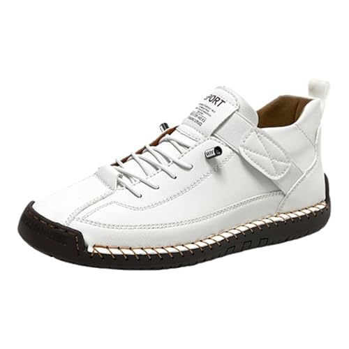 QIXUJAK Herren Damen Freizeitschuhe Loafer Leder Slip-On Schuhe Stiefeletten Handnaht Schnürung Fahren Wandern Wanderschuhe (Weiß,44) von QIXUJAK