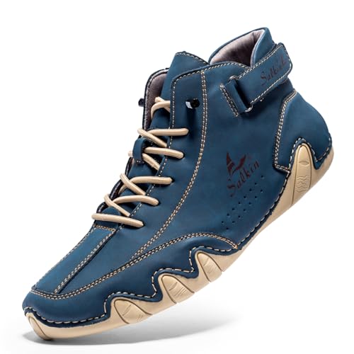 QIXUJAK Herren Damen Leder Hoch Barfußschuhe Cowboystiefel Mode Wanderschuhe Wasserdicht Sneaker Barefoot Shoes Bootsschuhe Unisex (Blau,39) von QIXUJAK
