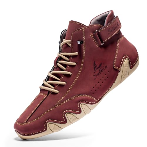 QIXUJAK Herren Damen Leder Hoch Barfußschuhe Cowboystiefel Mode Wanderschuhe Wasserdicht Sneaker Barefoot Shoes Bootsschuhe Unisex (Burgunderrot,46) von QIXUJAK