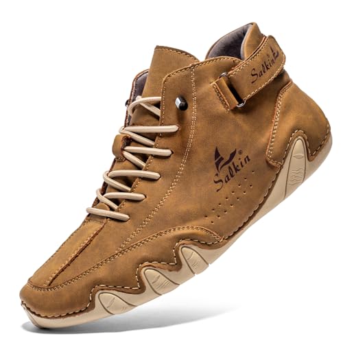 QIXUJAK Herren Damen Leder Hoch Barfußschuhe Cowboystiefel Mode Wanderschuhe Wasserdicht Sneaker Barefoot Shoes Bootsschuhe Unisex (Gelb braun,43) von QIXUJAK