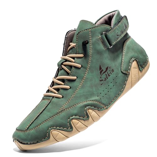 QIXUJAK Herren Damen Leder Hoch Barfußschuhe Cowboystiefel Mode Wanderschuhe Wasserdicht Sneaker Barefoot Shoes Bootsschuhe Unisex (Grün,38) von QIXUJAK