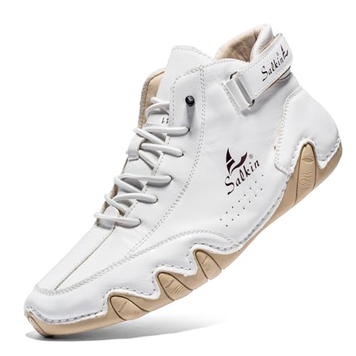 QIXUJAK Herren Damen Leder Hoch Barfußschuhe Cowboystiefel Mode Wanderschuhe Wasserdicht Sneaker Barefoot Shoes Bootsschuhe Unisex (Weiß,45) von QIXUJAK