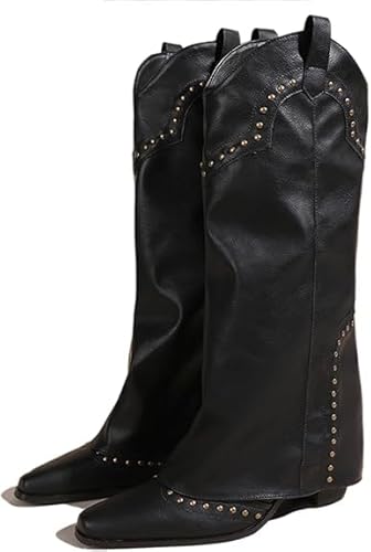 QIXUJAK Kniehoch Cowgirl Stiefel for Damen Pointed Toe Pull-On Cowboy Stiefel Fold Over Chunky Heels (37,Schwarz) von QIXUJAK