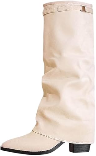 QIXUJAK Kniehoch Cowgirl Stiefel for Damen Pointed Toe Pull-On Cowboy Stiefel Fold Over Chunky Heels (Beige,40) von QIXUJAK