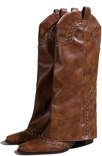 QIXUJAK Kniehoch Cowgirl Stiefel for Damen Pointed Toe Pull-On Cowboy Stiefel Fold Over Chunky Heels (Braun,37) von QIXUJAK