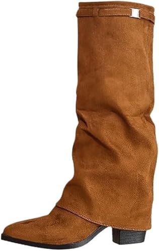 QIXUJAK Kniehoch Cowgirl Stiefel for Damen Pointed Toe Pull-On Cowboy Stiefel Fold Over Chunky Heels (Braun,39) von QIXUJAK