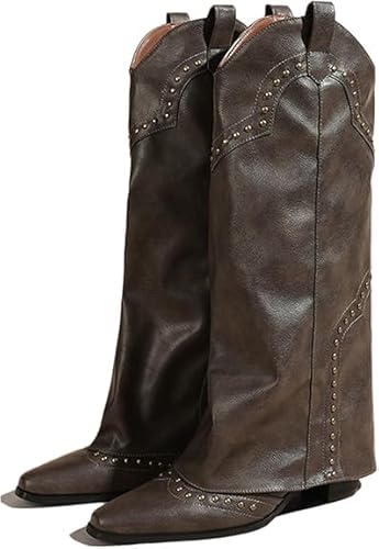 QIXUJAK Kniehoch Cowgirl Stiefel for Damen Pointed Toe Pull-On Cowboy Stiefel Fold Over Chunky Heels (Khaki,38) von QIXUJAK