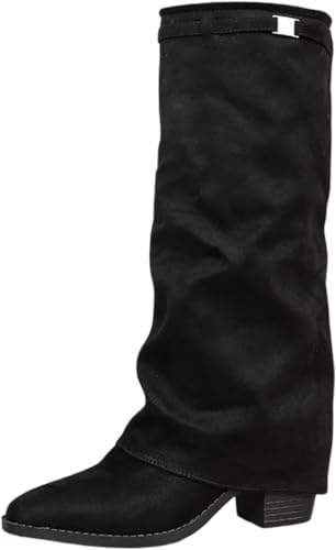 QIXUJAK Kniehoch Cowgirl Stiefel for Damen Pointed Toe Pull-On Cowboy Stiefel Fold Over Chunky Heels (Schwarz,39) von QIXUJAK