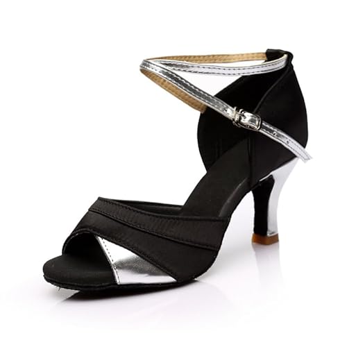 QIXUJAK Lateinischer Tanz Damen Gesellschaftstanz Salsa Übungsleistung Halboffene Zehentanzschuhe 5/7 cm Absatz (Silber 7cm,39) von QIXUJAK