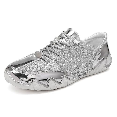 QIXUJAK Männer Damen Glitzernde modische Sneaker-Schuhe, glänzende Freizeitschuhe, glitzernde Pailletten, Konzert, niedrig geschnitten, Schnürschuhe (Silber,37) von QIXUJAK
