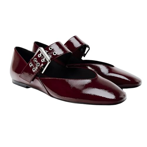 QIXUJAK Mary Janes Flats für Damen, runde Zehe, stilvolle Damen-Ballerinas, Schuhe für Freizeit, Party, Ball, Hochzeit (Burgunderrot,39) von QIXUJAK