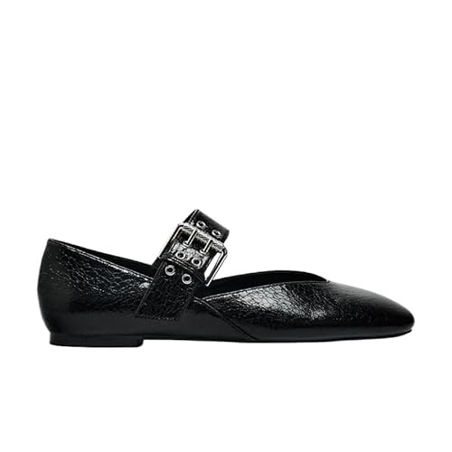 QIXUJAK Mary Janes Flats für Damen, runde Zehe, stilvolle Damen-Ballerinas, Schuhe für Freizeit, Party, Ball, Hochzeit (Schwarz,37) von QIXUJAK