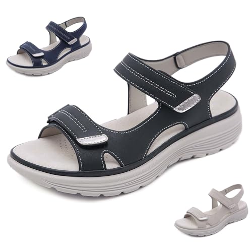 QIXUJAK Orthopädische Bequemschuhe - Damen Sandalen Sommer Wandersandalen Freizeit Plateau rutschfeste Sandaletten Sportsandalen Wanderschuhe für Sport (Schwarz,37) von QIXUJAK