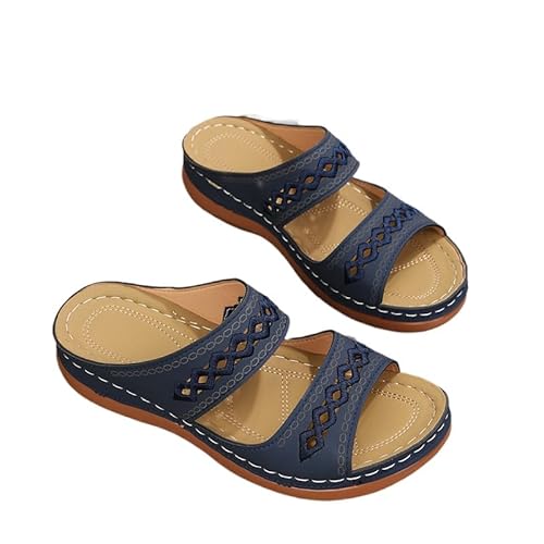 QIXUJAK Orthopädische Sandalen Damen Sommer Hausschuhe mit breitem Fuß Pantoletten Dicker Boden Slingback Sommer Keilsandalen Breite PU-Leder Hausschuhe (Blau,39) von QIXUJAK