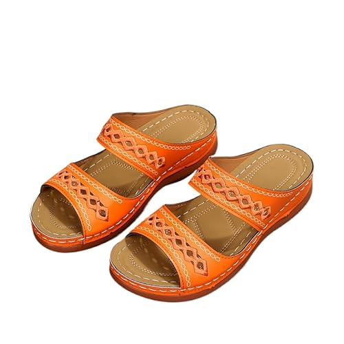 QIXUJAK Orthopädische Sandalen Damen Sommer Hausschuhe mit breitem Fuß Pantoletten Dicker Boden Slingback Sommer Keilsandalen Breite PU-Leder Hausschuhe (Orange,38) von QIXUJAK
