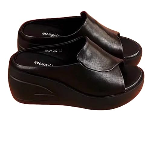 QIXUJAK Orthopädische Sandalen Sommer Bequeme Orthopädische Leder Keile Rutschen Dressy Plattform Ferse Bogen Unterstützung Slip Sandalen (Schwarz,40) von QIXUJAK