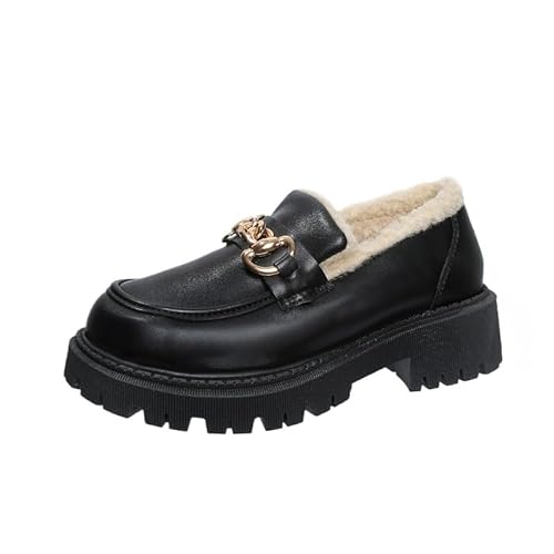 QIXUJAK Oxfords für Damen – Wärme im Winter, mit Kunstfell, kuscheligem Futter, stoßdämpfender Gummisohle und schwarzen und goldenen Akzenten für Komfort bei kaltem Wetter (Schwarz,42) von QIXUJAK