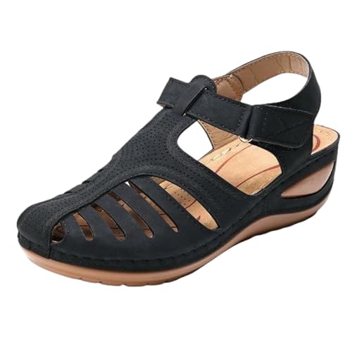 QIXUJAK Plateau Sandalen Damen Sommer Keilabsatz Geschlossene Slingback Keilsandalen Low Top Schuhe Vintage (Schwarz,41) von QIXUJAK