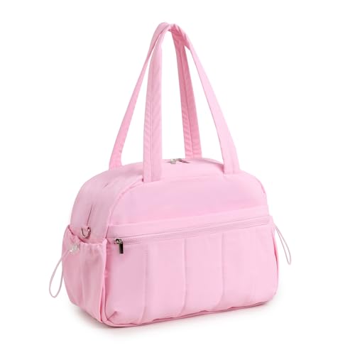 QIXUJAK Puffer Reisetasche, Sporttasche Damen 24L Weekender Wasserabweisend Travel Bag Handgepäck Gym Bag Kliniktasche Geburt Krankenhaustasche Mit PVC Nasse Tasche Für Fitness (Rosa,30 * 19 * 42CM) von QIXUJAK
