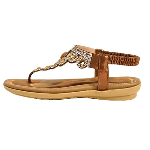 QIXUJAK Sandalen Damen Sommer Freizeit Flache Sandalette Bohemia Sandals mit Strass Perlen Freizeit Elegant Strand Schuhe (Bronzer,38) von QIXUJAK