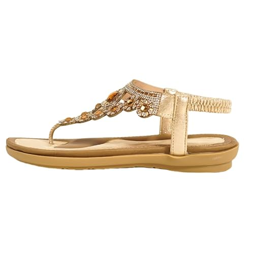 QIXUJAK Sandalen Damen Sommer Freizeit Flache Sandalette Bohemia Sandals mit Strass Perlen Freizeit Elegant Strand Schuhe (Gold,37) von QIXUJAK