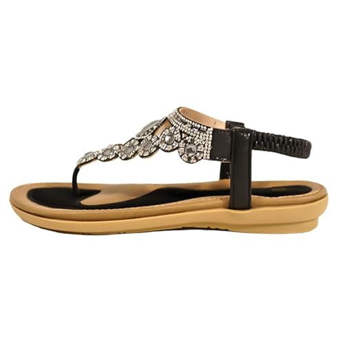 QIXUJAK Sandalen Damen Sommer Freizeit Flache Sandalette Bohemia Sandals mit Strass Perlen Freizeit Elegant Strand Schuhe (Schwarz,41) von QIXUJAK
