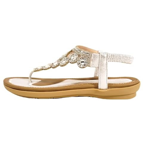 QIXUJAK Sandalen Damen Sommer Freizeit Flache Sandalette Bohemia Sandals mit Strass Perlen Freizeit Elegant Strand Schuhe (Silbergrau,39) von QIXUJAK