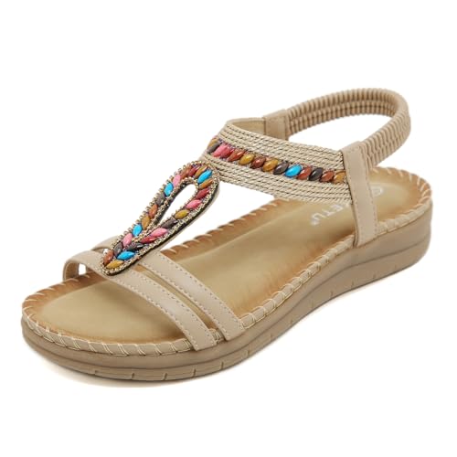 QIXUJAK Sandalen Damen Sommer mit Weiches Fussbett-Orthopädische Schmerzlindernde Flache Sandalen (Aprikose,40) von QIXUJAK
