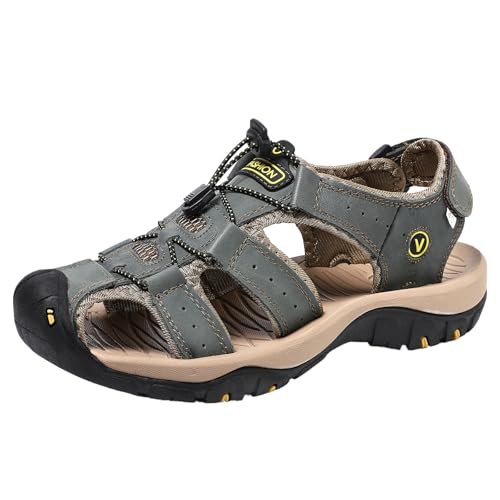 QIXUJAK Sandalen Herren Leder Strand Wandersandale Trekkingsandalen Outdoorschuhe Sommer Freizeitschuhe Wanderschuhe Männer Sport-Outdoor Wasser Fischer Atmungsaktive Sandale (Armeegrün,45) von QIXUJAK