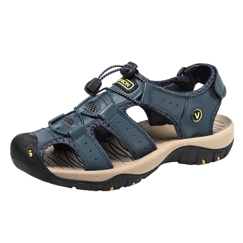 QIXUJAK Sandalen Herren Leder Strand Wandersandale Trekkingsandalen Outdoorschuhe Sommer Freizeitschuhe Wanderschuhe Männer Sport-Outdoor Wasser Fischer Atmungsaktive Sandale (Blau,40) von QIXUJAK