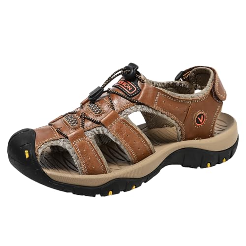QIXUJAK Sandalen Herren Leder Strand Wandersandale Trekkingsandalen Outdoorschuhe Sommer Freizeitschuhe Wanderschuhe Männer Sport-Outdoor Wasser Fischer Atmungsaktive Sandale (Dunkelbraun,38) von QIXUJAK