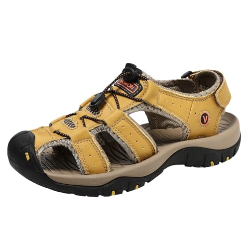 QIXUJAK Sandalen Herren Leder Strand Wandersandale Trekkingsandalen Outdoorschuhe Sommer Freizeitschuhe Wanderschuhe Männer Sport-Outdoor Wasser Fischer Atmungsaktive Sandale (Gelb braun,38) von QIXUJAK