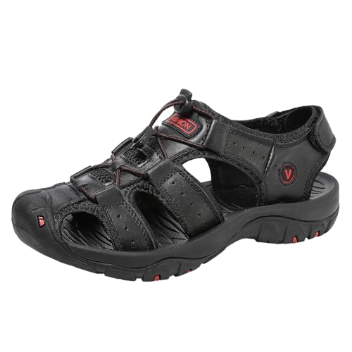 QIXUJAK Sandalen Herren Leder Strand Wandersandale Trekkingsandalen Outdoorschuhe Sommer Freizeitschuhe Wanderschuhe Männer Sport-Outdoor Wasser Fischer Atmungsaktive Sandale (Schwarz,47) von QIXUJAK