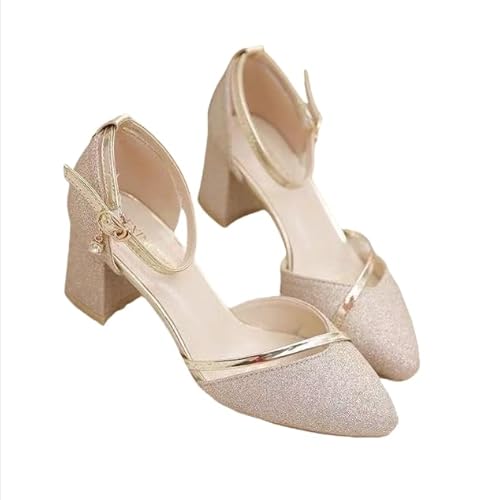 QIXUJAK Silberne Schuhe Damen Pumps Chunky Runde Mode Frauen High Heels Zehen Arbeit Absätze Hochzeit Schuhe Damen Elegant Mit Absatz (Gold,38) von QIXUJAK