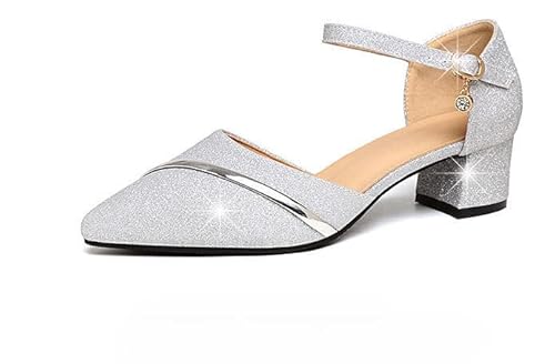 QIXUJAK Silberne Schuhe Damen Pumps Chunky Runde Mode Frauen High Heels Zehen Arbeit Absätze Hochzeit Schuhe Damen Elegant Mit Absatz (Silber,39) von QIXUJAK