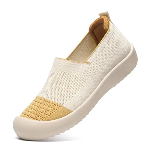 QIXUJAK Slip on Sneakers Damen Nurse Schuhe Walkingschuhe Outdoor Turnschuhe Sportschuhe Gym Bequem Leichte Schuhe Atmungsaktiv Freizeitschuhe Memory Foam Fitness Sporthalle (Cremefarben,39) von QIXUJAK
