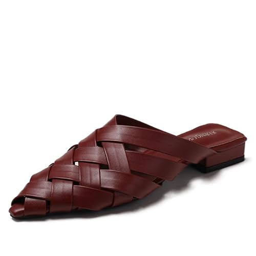 QIXUJAK Spitze Müller -Slipper bequeme und elegante Damen geflochtene Sandalen (Burgunderrot,43) von QIXUJAK