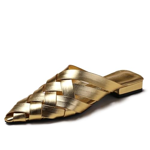 QIXUJAK Spitze Müller -Slipper bequeme und elegante Damen geflochtene Sandalen (Gold,39) von QIXUJAK