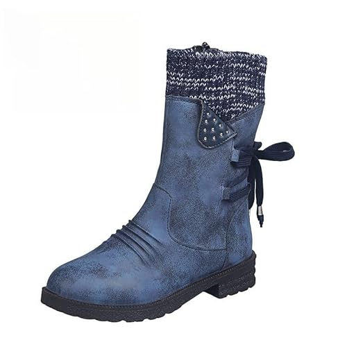 QIXUJAK Stiefel Damen Retro Leicht Boots Rutschfest Halbschaft Weitschaftstiefel Vintage Blockabsatz Cowboyboots Winterstiefel - Freizeit Alltag Gr.35-42 (Blau,38) von QIXUJAK